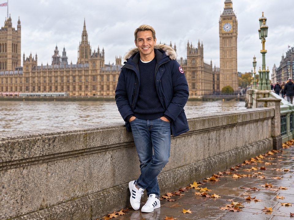 Eduardo Ramírez on the Thames embankment opposite the Houses of Parliament