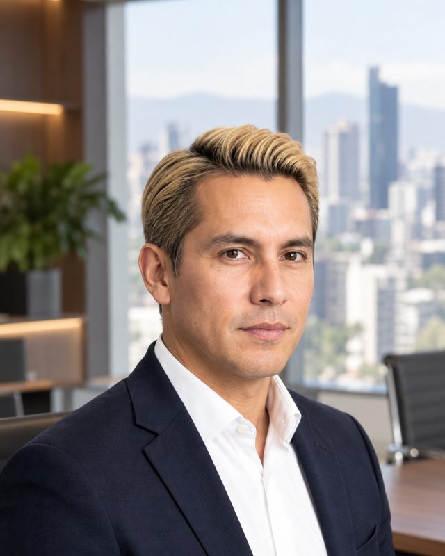 Eduardo Ramírez in a navy blazer by an office window